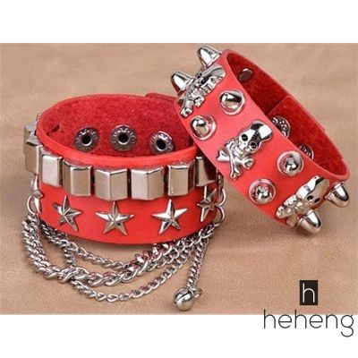 ❤READY Fashion Punk Style Gothic Men celet Rock Steam PU Leather Skull Spike Cuff Korea Style Punk celet