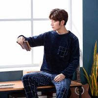 Winter Long Sleeve Thick Warm Flannel Pajama Set for Men Casual Striped Coral Velvet Sleepwear Suit Pyjama Homewear Clothes