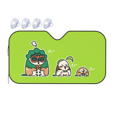 ที่บังแดดในแผ่นกรองแสงติดรถยนต์รถพับได้โปเกมอน Rowlet ที่บังแดดกระจกหน้ารถสะท้อนแสงกระบังแสง