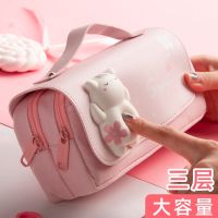 【CW】 Large Capacity Pencil Case Kawaii Canvas three Layer Pen Brushes Pouch Pencil Bag Portable Box Gifts Supplies School Stationery