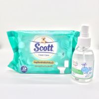 AQU ทิชชู่เปียก Scott Clean Care Moist Toilet Wipes + Little Pip Alcohol Spray 70%  สำหรับเข้าห้องน้ำ +สเปรย์แอลกอฮอล์ล้างมือ ผ้าเปียก  กระดาษเปียก