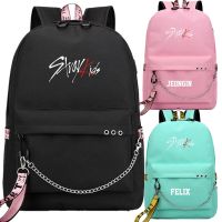 【ACD】   Kopo Stray Kids Felix USB Backpack School Book Black Pink Bag Mochila Travel Bags Laptop Chain Backpack W/ Headphone USB Port