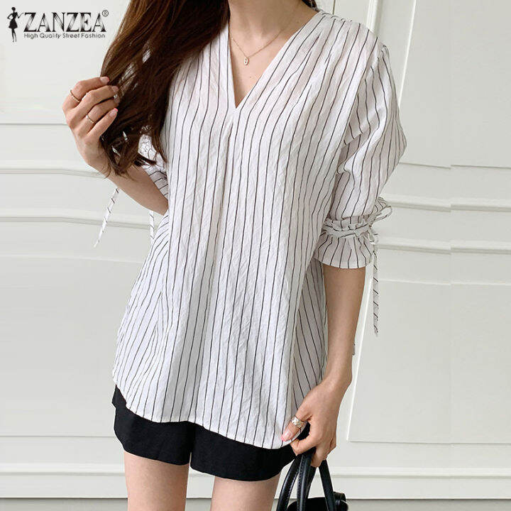 สินค้ามาใหม่-จัดส่งฟรี-fancystyle-zanzea-เสื้อเสื้อพิมพ์ลายคอวีลายทางสไตล์เกาหลีของผู้หญิงเสื้อแขนยาวเสื้อทรงหลวมลำลอง-10