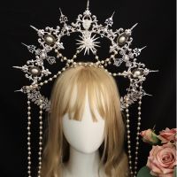 Silver Gothic Halo Crown Lolita Tiara Headband ฮาโลวีน Vintage Sun Goddess Baroque Headpiece