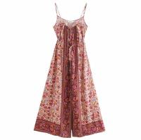 Holiday Contrast Flower print V neck Single-breast Button Spaghetti Strap Cotton Dress BOHO Woman Lacing up Waist Long Dresses