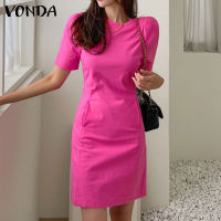 VONDA ชุดเดรสลำลองผู้หญิง H Pocket Solid Dress Fit T-Shirt Dress (สาเหตุเกาหลี)