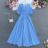 Summer dot holiday casual wide leg jumpsuits V Neck Puff Sleeve Waist Elastic Rompers loose beach long playsuits