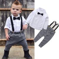 COD dsdgfhgfsdsss Baby Boys Formal Clothes Set Summer Short Sleeve Bow Tie T-shirt Shoulder Straps Pants Gentleman Clothing