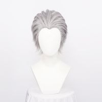 Mens Synthetic Vergil Cosplay Wig Short Silver Grey Slicked-back Hair Heat Resistant Hair Wig   Wig Cap