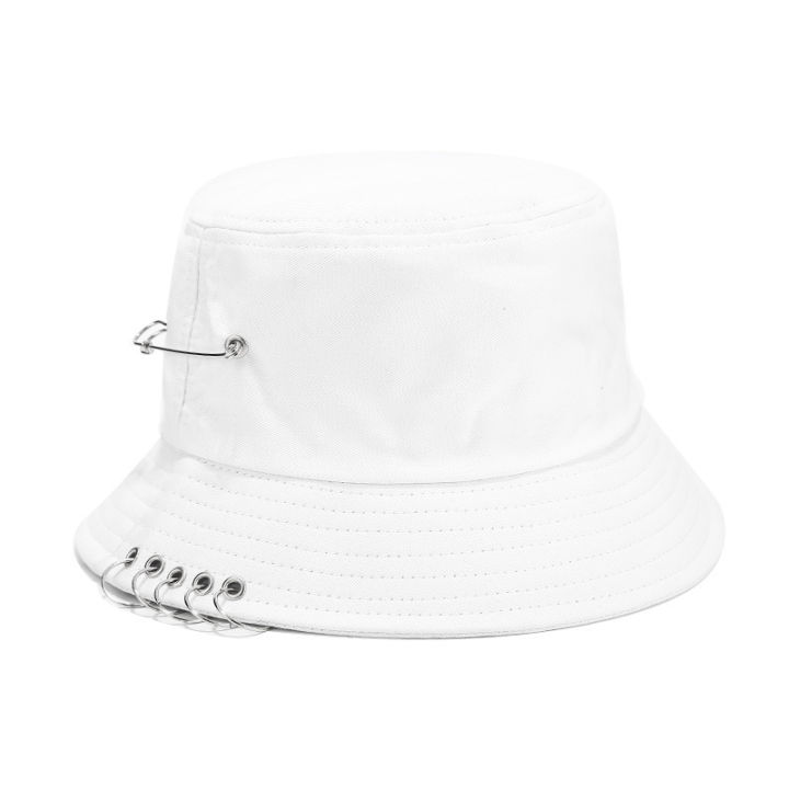 hot-punk-five-ring-pin-fisherman-hat-unisex-hat-spring-and-summer-simple-solid-color-sun-hat-panama-foldable-sunscreen-for-travel