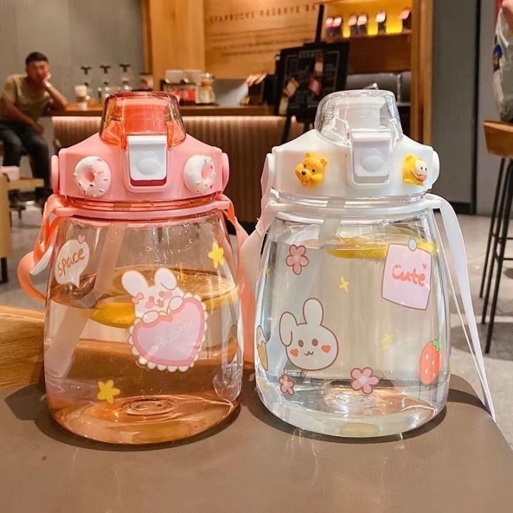 1300ml Drinking Water Bottle with Stickers Straw Cute Big Belly