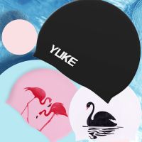 Cartoon Print Silicone Swimming Cap Women Men Waterproof Long Hair Ears Protect Swim Caps for Girls kids Children Swan flamingo Swim Caps