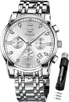 OLEVS Mens Watches Chronograph Business Dress Quartz Stainless Steel Waterproof Luminous Date Wrist Watch all silver