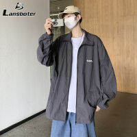 Lansboter กางเกงกีฬาโค้ทมีสไตล์ฮาราจูกุสำหรับผู้ชายเสื้อแจ็คเก็ตน้ำหนักเบาแจ็คเก็ตป้องกันแสงแดดยาวปานกลาง