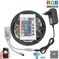 5050 RGB แถบไฟ LED 5M WiFi ควบคุม Smd 5050แถบไฟ LED โคมไฟตกแต่งบ้านที่มีความยืดหยุ่นตัวควบคุม RGB WiFi + 12V อะแดปเตอร์3A