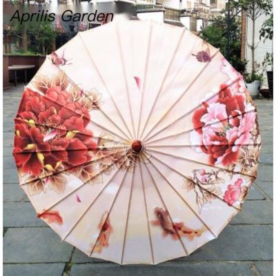 ร่มชายหาดกันน้ำฝนของผู้หญิงร่มผ้าไหมฮวงจุ้ยจีนเต้นระบำญี่ปุ่นโพนีย์ตกแต่งไม้ไผ่กระดาษซับน้ำมันร่ม