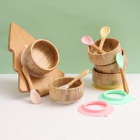 Customizable 2Pcs Baby Wooden Feeding Bowl With Suction Cup BPA-Free Silicone Spoon Set DIY Baby Accessories Bowl Fork Spoon Sets