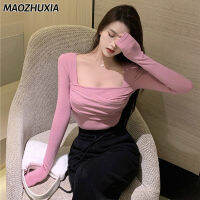 เสื้อยืดแขนยาว MAOZHUXIA คอสี่เหลี่ยมสีทึบของผู้หญิงสีขนาดใหญ่เสื้อสตรีต่ำสีพื้น