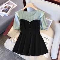 【มีไซส์ใหญ่】Plus Size Womens Short Sleeve Summer Blouses Ladies Patchwork False Two Pieces Elegant Female Tops Fashion Elegant Top