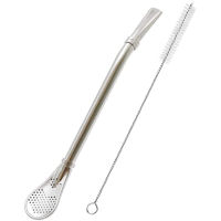 Stainless Steel Straw Spoon with Filter,Yerba Mate illa,Long Handle Tea Strainer with Cleaning Brush,Drinking Loose Leaf Tea