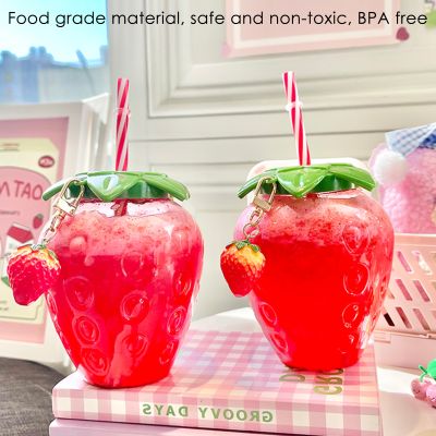 【High-end cups】500MLCartoon Kawaii Strawberry Straw Cup PlasticGirl MilkCoffee Cup StudentWater Cup Water Bottle