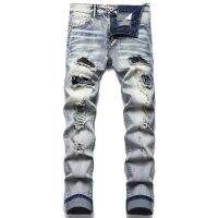 กางเกงยีนส์สีน้ำเงินย้อนยุคสำหรับผู้ชาย Ripped Trendy Stretch Slim Pants High Quality Versatile Male Trousers Fashion Printed Cat Beard