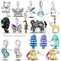 925 Silver Change Color Chameleon Charms Beads Glowworm Butterfly Pangolin Cat Dangle Fit Pandora Bracelet Necklace DIY Jewelry