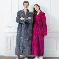 TOQUCL Men Zipper Long Fleece Bathrobe Warm Flannel Bath Robe Men Cozy Robes Night Sleepwear Women Dressing Gown peignoir homme