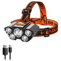 5LED ไฟหน้าแบบมีโหมดให้แสงสว่าง4โหมดพร้อมแบตเตอรี่ในตัว18650แบบชาร์จไฟ USB โคมไฟพลาสติกโคมไฟตั้งแคมป์กลางแจ้ง