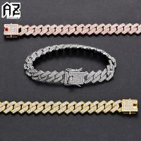 《 DTOU Fashion 》 AZ 12Mm Iced Out Square Cuban Link Chain สร้อยข้อมือสำหรับผู้ชายผู้หญิง Paved Rhinestone Stone Hip Hop สแตนเลสโซ่มือ