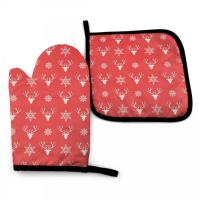 Red Merry Christmas Oven Mitt and Pot holder Set Heat Resistant Non Slip Kitchen Gloves with Inner Cotton Layer for Cooking BBQ