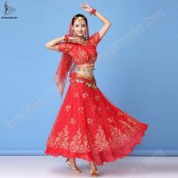 Bollywood Dress Costume Women Set Indian Dance Sari Belly Dance Outfit Performance Clothes Chiffon Top+Belt+Skirt