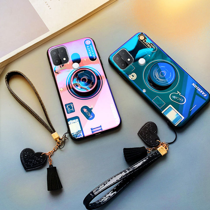 gloden-tree-for-realme-c21y-case-camera-pattern-stand-beautiful-tassel-hand-strap-protective-back-cover-couple-cases