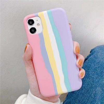 [สินค้าใหม่ในสต็อก] Rainbow Original Liquid ซิลิโคนหรูหราสำหรับ iPhone 11 12 13 14 Pro Max XR X XS 7 8 Plus SE 2020 Mini Soft กันกระแทก