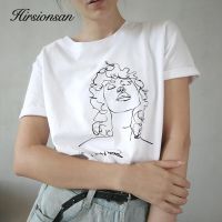 Hirsionsan สีขาวบทคัดย่อพิมพ์ TEE 2019 ผู้หญิงรอบคอผ้าฝ้ายเสื้อยืด 90s กราฟิกฤดูร้อน Tumblr แขนสั้นเสื้อ