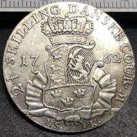 1762 Denmark 24 Skilling Dansk-Frederik V (พระปรมาภิไธยย่อของกษัตริย์) เหรียญเงินชุบ LYB3816ธนาคารเงิน