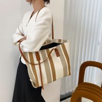 Womens Large Capacity Bag Commuter Canvas Bag Fashion Simple Vertical Stripe Casual Tote Bag Work One Shoulder Bag Womens Shoulder Bag