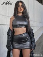 【LZ】☊✠∏  Nibber-conjunto de colete sem mangas e saia para as mulheres cor sólida sedosa casual sexy estilo hip-hop streetwear 2 peças