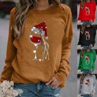 【Ready】Women ฤดูใบไม้ร่วงฤดูหนาวแขนยาว Wineglass Giraffe Print Blouse Xmas Sweatshirt