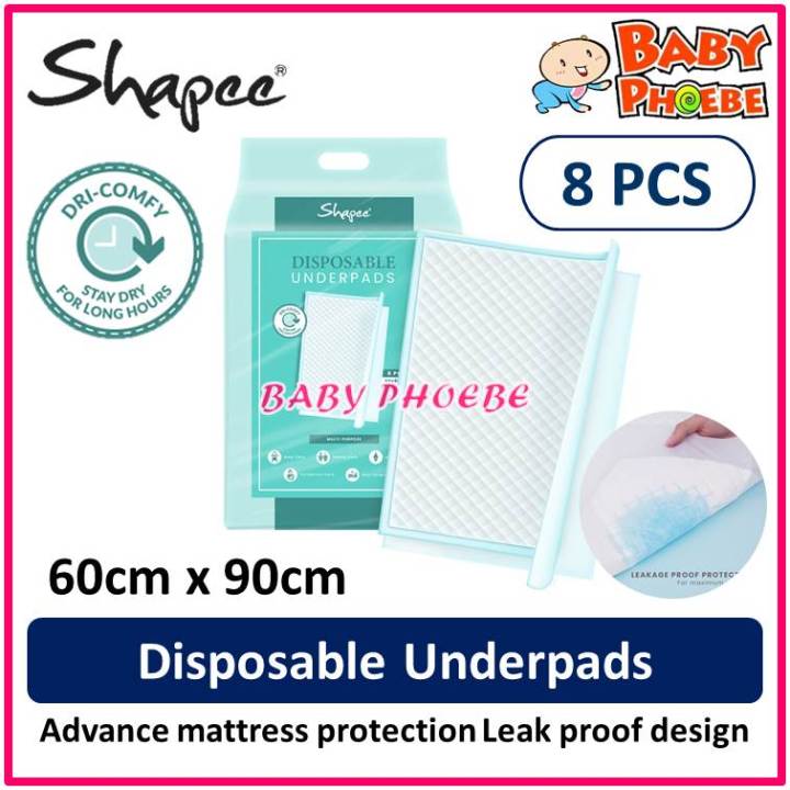 Shapee Disposable Underpads 60cm x 80cm (8pcs) Baby Phoebe mattress  protection Leak proof Breathable premium material 一次性床单防水垫