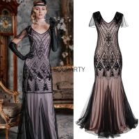 【YF】 Women 1920s Gatsby Dress 20s Vintage V Neck Sequins Beads Maxi Cocktail Party Flapper Mesh Prom Gown Long Elegant Dresses