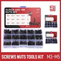 [Old A Hardware] 425 Pcs ซ็อกเก็ตสกรู Nut Assortment ชุด M3 M4 M5 Allen รอบถ้วยแบนหัว10.9/12.9สีดำสกรู Hex Nuts เครื่องซักผ้าชุดเครื่องมือชุด