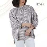 ITOKIN BLOUSE เสื้อเบลาส์คอตั้งลายริ้ว ผ้าคอตตอน W5B001