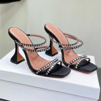 High-heeled Slippers Womens Summer Fashion 2023 New Rhinestone Leather Open-toe Stiletto with A Word with Sandals for Women