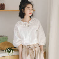 New Womens Spring Summer Embroidery Blouses Slash Neck Half Sleeve Cotton Shirts Korean Shirts Elegant Tops DD8264