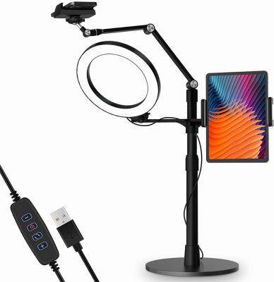 viozon 3-in-1 Selfie Desktop Live Stand, Height Adjustable/Overhead, 8" LED Ring Light, Compatible with 3.5-13" Tablet&amp; Phone, Suitable for YouTube / Tiktok/Recording /Streaming/Online Meeting