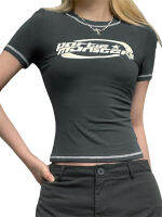 เสื้อผู้หญิงแขนสั้นคอกลมปริ้นข้อความปาร์ตี้เสื้อสวมศีรษะสีเทา