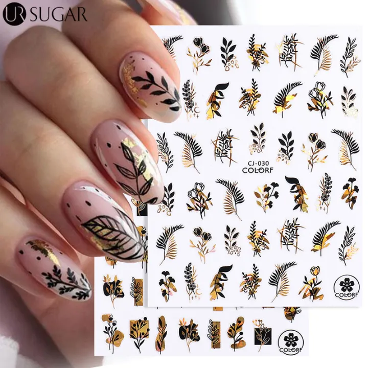 3D Black Gold Leaf Nail Sticker Laser Holographic Sliders For Nails