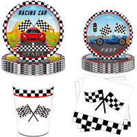 Racing Car Party Supplies สำหรับ Boys Checked Race Car แผ่นผ้าเช็ดปากทิ้งแผ่นกระดาษบนโต๊ะอาหารถ้วยวันเกิด Party Decors-Zkeir