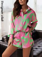 Print Shorts Suits Woman Vintage Long Sleeve Shirt And Short Pants Suit Two Piece Set Female Casual Outfit